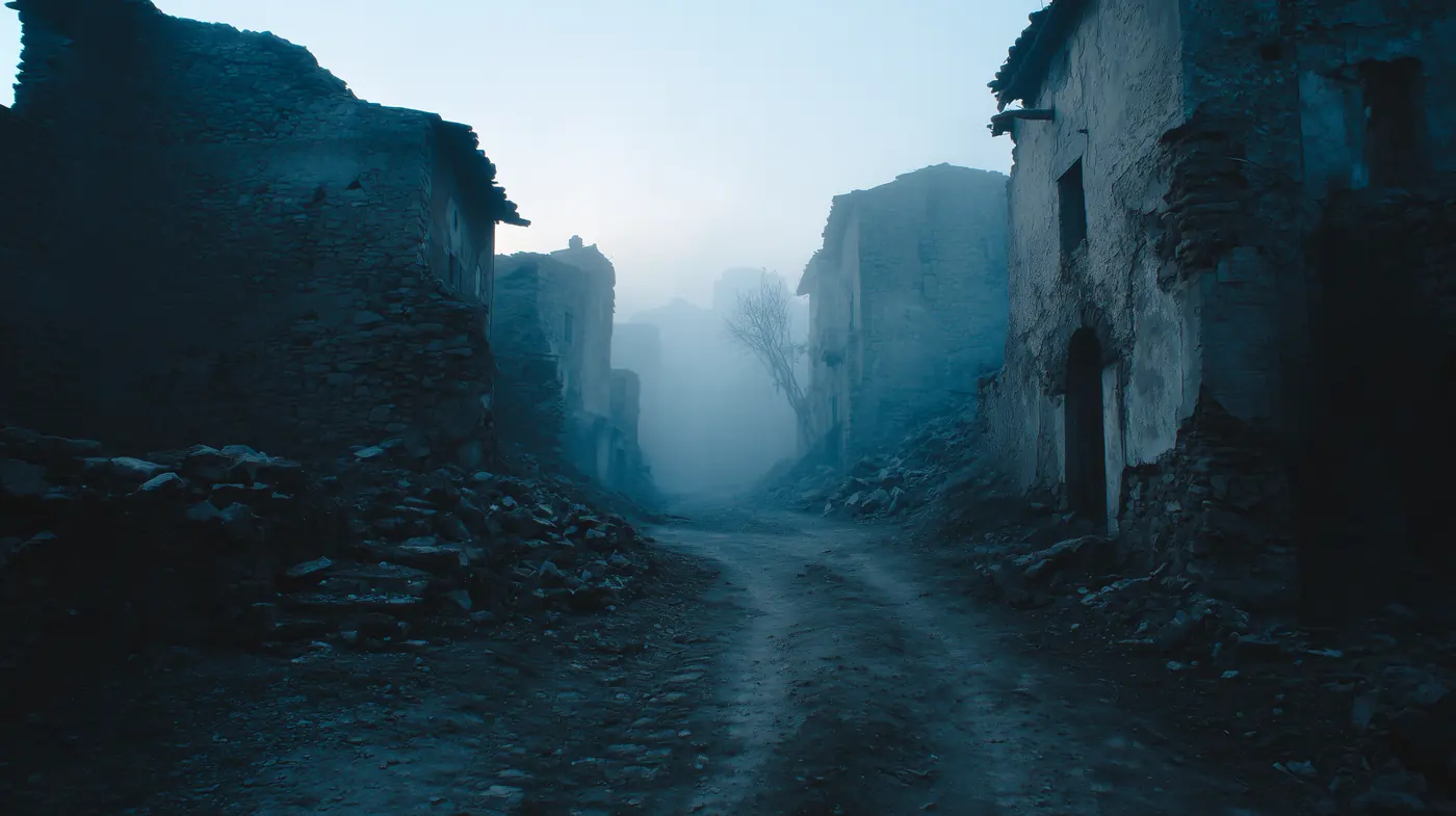 A village at dawn under falling ash