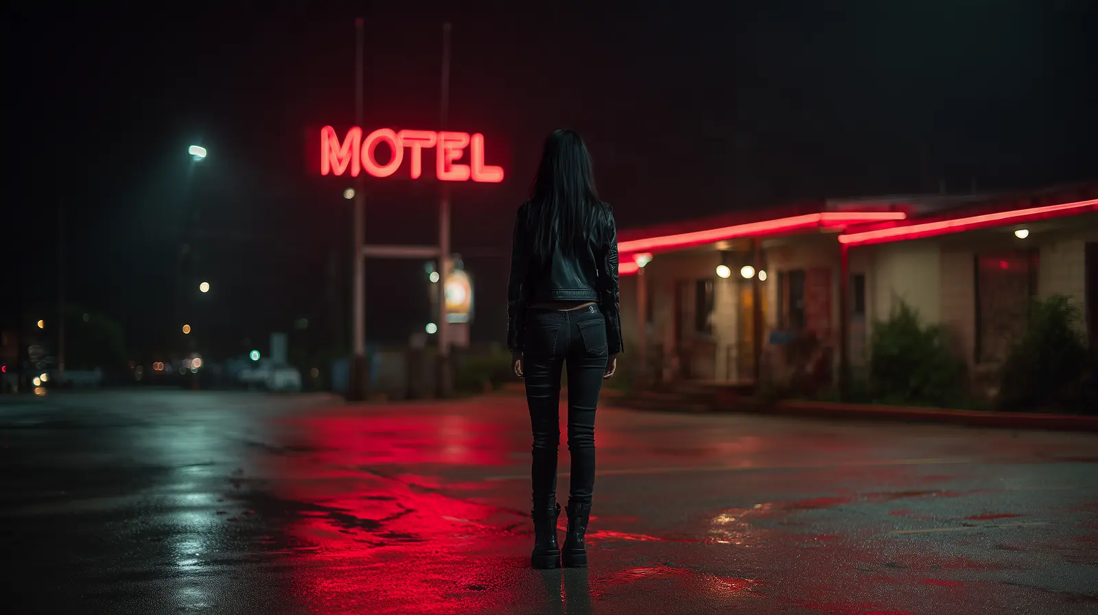 Ginevra in a motel parking lot at night, red neon behind her
