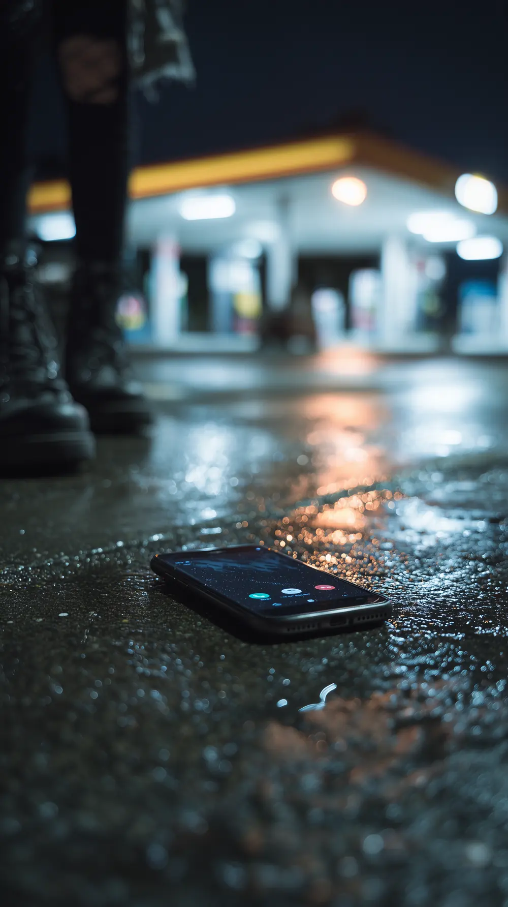 A phone lying on wet asphalt at night