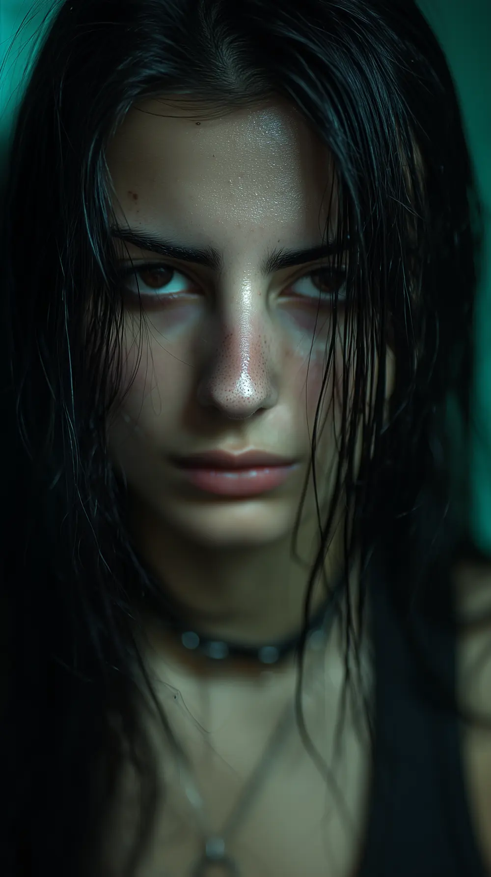 Close portrait of Ginevra, wet hair, looking into the camera